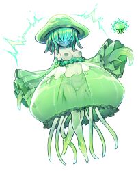 Rule 34 | 1girl, 1other, ascot, barefoot, breasts, cleft of venus, detached sleeves, dress, electricity, glowing, glowing mouth, green ascot, green dress, green hair, green headwear, green theme, highres, jellyfish, jellyfish (terraria), jellyfish girl, long sleeves, medium breasts, medium hair, monster girl, navel, no eyes, nyong nyong, pussy, see-through, simple background, tentacle hair, tentacle hands, tentacle legs, terraria, white background, wide sleeves