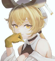 Rule 34 | 1girl, aiv, animal ears, arknights, bare shoulders, beret, black choker, blonde hair, breasts, center opening, choker, cleavage, covering own mouth, dorothy (arknights), ear tag, gloves, hand over own mouth, hat, highres, looking at viewer, low ponytail, medium breasts, portrait, smile, solo, white background, white hat, yellow eyes, yellow gloves