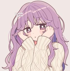Rule 34 | 1girl, blush, commentary, emma (kumaema), highres, long hair, open mouth, original, purple eyes, purple hair, simple background, solo, sweater, symbol-only commentary, white sweater