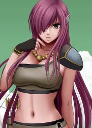 Rule 34 | 1girl, aoi sekai no chuushin de, arrow (projectile), black eyes, black gloves, bracelet, breasts, cleavage, collarbone, crimson comics, crop top, female focus, fingerless gloves, gloves, gradient background, hair ornament, hair over one eye, jewelry, long hair, looking at viewer, midriff, navel, necklace, opal (aoi sekai no chuushin de), pink hair, quiver, solo
