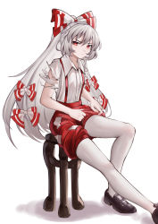 Rule 34 | 1girl, absurdres, ailu elf, black footwear, blue bow, blush, bow, chair, closed mouth, collared shirt, fujiwara no mokou, hair between eyes, hair bow, highres, long hair, red eyes, red shorts, shirt, shoes, short sleeves, shorts, simple background, sitting, solo, torn clothes, touhou, white background, white hair, white shirt