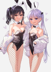 Rule 34 | 2girls, animal ears, black hair, black leotard, bow, bowtie, breasts, cleavage, commentary request, cowboy shot, detached collar, fake animal ears, fishnet legwear, fishnets, highres, jacket, leotard, long hair, medium breasts, multiple girls, narumi tsubame, new game!, official art, pantyhose, playboy bunny, purple eyes, purple hair, rabbit ears, side ponytail, simple background, small breasts, standing, strap slip, suzukaze aoba, tokunou shoutarou, tongue, tongue out, twintails, white background, white jacket, yellow eyes