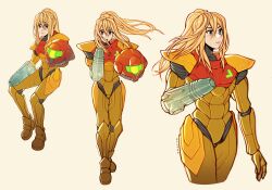 Rule 34 | 1girl, arm cannon, armor, artist name, blonde hair, blue eyes, closed mouth, commentary, english commentary, full body, grey background, gun, hair between eyes, helmet, lips, long hair, looking at viewer, looking away, messy hair, metroid, nintendo, open mouth, oxcoxa, ponytail, power armor, power suit, power suit (metroid), samus aran, sidelocks, simple background, sitting, standing, turtleneck, weapon