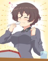 Rule 34 | 1girl, :t, absurdres, ada badguy, akaboshi koume, bowl, brown hair, closed eyes, closed mouth, commentary, commission, cup, dress shirt, drinking glass, eating, food, food on face, fried rice, girls und panzer, grey shirt, heart, highres, holding, holding spoon, insignia, kuromorimine school uniform, light rays, long sleeves, school uniform, shirt, short hair, skeb commission, smile, solo, spoon, wavy hair, wing collar