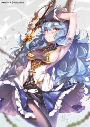 Rule 34 | 1girl, animal ears, armpits, blue hair, breasts, brown pantyhose, commentary request, erune, ferry (granblue fantasy), gloves, granblue fantasy, hair between eyes, holding, holding sword, holding weapon, hong (white spider), large breasts, long hair, pantyhose, patreon username, rabbit ears, revision, sideboob, skirt, solo, standing, sword, wavy hair, weapon