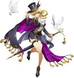 Rule 34 | ascot, bird, black hat, blonde hair, brenda (langrisser), brown eyes, cape, closed mouth, closed umbrella, facial mark, frilled sleeves, frills, full body, grey cape, grey skirt, hair between eyes, hat, high heels, highres, holding, holding umbrella, langrisser, langrisser v, long hair, long sleeves, looking at viewer, miniskirt, official art, pencil skirt, ponytail, purple lips, shirt, side slit, skirt, smile, solo, standing, standing on one leg, thigh strap, transparent background, umbrella, white ascot, white shirt
