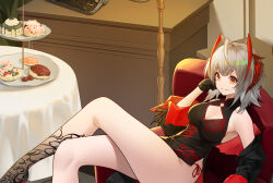 Rule 34 | 1girl, ahoge, antennae, arknights, bare shoulders, black dress, black jacket, breasts, china dress, chinese clothes, cleavage, commentary request, doughnut, dress, feet out of frame, food, grey hair, grin, highres, horns, jacket, jiusan naitang, large breasts, open clothes, open jacket, orange eyes, reclining, short hair, sleeveless, sleeveless dress, smile, solo, thighs, w (arknights)