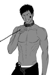 Rule 34 | 10s, 1boy, abs, bara, collar, ekubo (mob psycho 100), leash, male focus, mob psycho 100, monochrome, muscular, pectorals, topless male, shiru (pepeelotion), simple background, smile, solo, tagme, teeth, underwear, white background