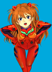 Rule 34 | 1girl, artist request, blue background, blue eyes, blush, bodysuit, breasts, brown hair, hands on own hips, long hair, looking at viewer, medium breasts, neon genesis evangelion, parted lips, plugsuit, red bodysuit, shiny clothes, simple background, skin tight, souryuu asuka langley, tsundere, very long hair, wide hips