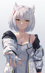Rule 34 | 1girl, absurdres, animal ear fluff, animal ears, braid, camisole, chest jewel, closed mouth, collarbone, evan (pixiv7510743), fingerless gloves, gloves, grey hair, half gloves, highres, jacket, looking at viewer, mio (xenoblade), off shoulder, reaching, reaching towards viewer, short hair, simple background, smile, solo, upper body, white camisole, white gloves, white jacket, xenoblade chronicles (series), xenoblade chronicles 3, yellow eyes