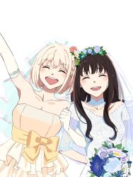 Rule 34 | 2girls, bare shoulders, black hair, blonde hair, blue flower, blush, bob cut, bouquet, bow, breasts, bridal veil, bride, cleavage, closed eyes, collarbone, couple, detached collar, dress, elbow gloves, female focus, flower, gloves, hair between eyes, hair flower, hair ornament, head wreath, highres, holding, holding bouquet, inoue takina, lace dress, locked arms, long hair, lycoris recoil, medium breasts, multiple girls, nishikigi chisato, off-shoulder dress, off shoulder, open mouth, petals, see-through, see-through sleeves, short hair, simple background, smile, strapless, strapless dress, teeth, upper teeth only, variant set, veil, wedding dress, white background, white gloves, wife and wife, yellow bow, yomo (moo 777 moo), yuri