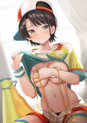 Rule 34 | 1girl, aqua eyes, arou (arrow x666), backlighting, backwards hat, baseball cap, bikini, bikini top only, black hair, blue eyes, blush, breast hold, breasts, clothes lift, covering breasts, covering privates, embarrassed, facing viewer, hand on own chest, hands up, hat, highres, hololive, indoors, lifted by self, looking to the side, loose clothes, loose shirt, medium breasts, megaphone, navel, oozora subaru, oozora subaru (1st costume), open clothes, open fly, open shorts, oversized clothes, oversized shirt, red hat, shirt, shirt lift, short hair, short sleeves, shorts, sitting, solo, stomach, striped bikini, striped clothes, striped shirt, swept bangs, swimsuit, t-shirt, thighhighs, tied shirt, two-tone headwear, two-tone shirt, untied bikini, vertical-striped clothes, vertical-striped shirt, virtual youtuber, white hat, white shirt, white shorts, white thighhighs, wristband, yellow bikini, yellow shirt