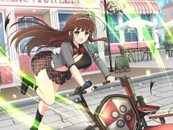 1girl amagi_sealing_congregation_school_uniform ankle_socks aura black_shirt black_socks bow breasts cafe chair city cityscape cleavage fighting_stance green_eyes grey_jacket hairband heart holding_chair jacket large_breasts loafers looking_at_viewer official_art pink_hairband pushing red_bow school_uniform senran_kagura senran_kagura_new_link shirt shoes shuriken skirt socks torn_clothes ui_(senran_kagura) unconventional_weapon weapon