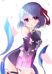 Rule 34 | 1girl, bare shoulders, blurry, blurry foreground, blush, bow, breasts, commentary request, depth of field, detached sleeves, earrings, fate/grand order, fate (series), fingernails, hair between eyes, hair bow, hand up, head tilt, highres, jewelry, kama (fate), kama (first ascension) (fate), ko yu, long sleeves, nail polish, navel, parted lips, petals, pink nails, purple skirt, purple sleeves, red bow, red eyes, see-through, silver hair, simple background, skirt, sleeveless, sleeves past wrists, small breasts, solo, thigh strap, white background