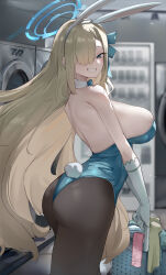 Rule 34 | 1girl, animal ears, ass, asuna (blue archive), asuna (bunny) (blue archive), back, bare shoulders, blonde hair, blue archive, blue eyes, blue leotard, blue ribbon, breasts, brown pantyhose, detached collar, donggua bing cha, elbow gloves, fake animal ears, gloves, grin, hair over one eye, hair ribbon, halo, highleg, highleg leotard, highres, large breasts, laundromat, laundry, laundry basket, leotard, long hair, looking at viewer, looking back, pantyhose, playboy bunny, rabbit ears, rabbit tail, ribbon, smile, solo, tail, thighs, very long hair, washing machine, white gloves