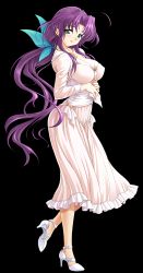 Rule 34 | 1girl, aoi sakura, breasts, dress, full body, green eyes, high heels, highres, kuroda akimi, long hair, official art, ponytail, purple hair, smile, solo
