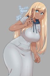 Rule 34 | 1girl, :&gt;, agawa ryou, artist name, blonde hair, blue eyes, breasts, closed mouth, commentary, dark-skinned female, dark skin, dated, dress, english commentary, grey background, grey dress, hand up, hood, hood down, hooded dress, huge breasts, long hair, looking at viewer, numbered, original, short sleeves, sidelocks, simple background, solo, sweatdrop, swept bangs, very long hair, wide hips