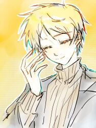 Rule 34 | 1boy, atou haruki, blonde hair, brown sweater, chinese commentary, closed eyes, closed mouth, commentary request, facing viewer, grey jacket, hand up, highres, jacket, lai dian fan, long sleeves, male focus, open clothes, open jacket, outline, ribbed sweater, saibou shinkyoku, short hair, sketch, solo, sweater, turtleneck, turtleneck sweater, white outline, yellow background