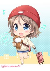 Rule 34 | 1girl, :d, bag, beanie, beige sweater, blue eyes, blush, chibi, commentary request, denim, denim shorts, english text, grey hair, hat, long sleeves, love live!, love live! school idol festival, love live! sunshine!!, musical note, open mouth, polka dot, polka dot background, red hat, rolling suitcase, sakurai makoto (custom size), short hair, shorts, shoulder bag, smile, solo, standing, standing on one leg, stuffed toy, suitcase, twitter username, uchicchii, watanabe you
