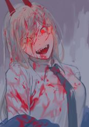 Rule 34 | 1girl, blonde hair, blood, blood on clothes, blood on face, blue necktie, chainsaw man, crazy eyes, cross-shaped pupils, crosshair pupils, grey background, hair between eyes, highres, horns, kumofuki, long hair, necktie, open mouth, power (chainsaw man), red eyes, red horns, sharp teeth, shirt, simple background, solo, symbol-shaped pupils, teeth, upper body, white shirt, yellow pupils