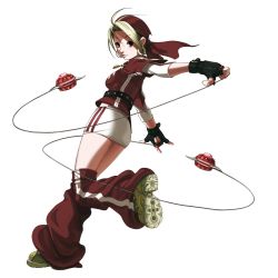 Rule 34 | 1girl, \m/, antenna hair, bandana, belt, blade, blonde hair, breasts, dual wielding, earrings, falcoon, female focus, fingerless gloves, from behind, full body, gloves, highres, holding, hoop earrings, jewelry, leg up, looking back, malin (kof), miniskirt, necklace, official art, pendant, shoes, short hair, simple background, skirt, smile, sneakers, snk, solo, standing, standing on one leg, striped, the king of fighters, the king of fighters 2003, thighhighs, weapon, white background, yo-yo