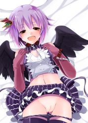 Rule 34 | 10s, 1girl, :d, bdsm, black thighhighs, blush, bondage, bound, brown eyes, censored, chain, cleavage cutout, clothing cutout, collar, cuffs, cuffs-to-collar, doburoku (daiginjou), elbow gloves, gloves, hair ornament, hairclip, heart, heart cutout, highres, idolmaster, idolmaster cinderella girls, koshimizu sachiko, looking at viewer, navel, open mouth, panties, panty pull, purple hair, pussy, short hair, skirt, slave, smile, solo, striped clothes, striped panties, thighhighs, underwear, vaginal, wings