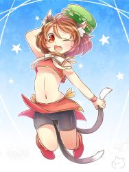 Rule 34 | 1girl, adapted costume, alternate costume, animal ears, arm up, bike shorts, blue background, bow, breasts, brown hair, cat ears, cat tail, chen, crop top, crop top overhang, earrings, full body, gradient background, hat, ibaraki natou, jewelry, jpeg artifacts, jumping, midriff, mob cap, multiple tails, navel, one eye closed, open mouth, red eyes, shoes, short hair, single earring, skirt, sleeveless, small breasts, smile, solo, star (symbol), tail, touhou, underboob, upskirt, wrist cuffs