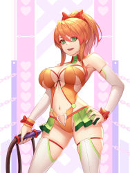 Rule 34 | 1girl, bad id, bad pixiv id, bare shoulders, between breasts, bow, breasts, center opening, chain print, cleavage, commentary request, commission, cowboy shot, detached sleeves, green eyes, green necktie, hair between eyes, hair bow, hand on own hip, heart, heart print, holding, holding weapon, holding whip, jurrig, large breasts, leotard, long hair, looking at viewer, navel, necktie, open mouth, orange hair, original, ponytail, red bow, sidelocks, skindentation, smile, solo, stomach, teeth, thighhighs, upper teeth only, weapon, white sleeves