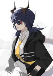 Rule 34 | 1girl, absurdres, arknights, black gloves, black jacket, blue hair, ch&#039;en (arknights), clenched teeth, collared shirt, dragon girl, dragon horns, dragon tail, fingerless gloves, gloves, highres, horns, jacket, lihuashuangxiang, long hair, long sleeves, necktie, open clothes, open jacket, shirt, sideways glance, simple background, sketch, solo, tail, teeth, upper body, v-shaped eyebrows, white background, white shirt, yellow necktie