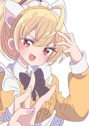 Rule 34 | 1girl, ahoge, andou tazusa, animal ears, apron, arm up, assault lily, black bow, black bowtie, blonde hair, blush, bow, bowtie, buttons, cat ears, center frills, collared shirt, commentary request, fake animal ears, fingernails, frilled shirt, frills, hair between eyes, hand up, high ponytail, honkawa works, long sleeves, looking at viewer, maid, maid headdress, nail polish, nervous smile, open mouth, pink nails, ponytail, red eyes, shirt, short hair, simple background, smile, solo, sweatdrop, upper body, v-shaped eyebrows, white apron, white background, yellow shirt