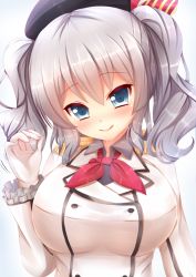 Rule 34 | 10s, 1girl, :q, blue eyes, blush, breasts, epaulettes, female focus, gloves, grey hair, hat, kane-neko, kantai collection, kashima (kancolle), large breasts, long sleeves, looking at viewer, simple background, smile, solo, tongue, tongue out, tsurime, twintails, upper body, white gloves
