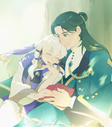 Rule 34 | 1boy, 1girl, artist name, beads, black hair, book, closed eyes, colored eyelashes, commentary, copyright name, cuddling, english commentary, fire emblem, fire emblem: three houses, green eyes, green hair, hair beads, hair between eyes, hair ornament, hetero, highres, jowell she, linhardt von hevring, long hair, long sleeves, looking at another, lysithea von ordelia, mixed-language commentary, nintendo, smile, white hair, wide sleeves