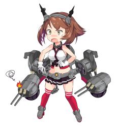 Rule 34 | 1girl, absurdres, anchor, black skirt, breasts, brown hair, cannon, dame shoal, fire, flipped hair, full body, gloves, green eyes, hairband, headgear, highres, kantai collection, large breasts, midriff, miniskirt, mutsu (kancolle), pleated skirt, radio antenna, red legwear, rigging, short hair, skirt, solo, standing, transparent background, turret, white gloves