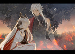 Rule 34 | 1boy, 1girl, black horns, blue eyes, character request, copyright name, fire, grass, horns, letterboxed, long hair, ooshi, outdoors, pixiv fantasia, pixiv fantasia last saga, red eyes, sitting, tree, twilight, white hair