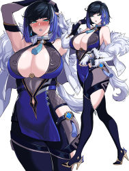 Rule 34 | 1girl, armpits, arms up, black gloves, black pantyhose, black thighhighs, blue dress, blue hair, blush, braid, breasts, cleavage, clothing cutout, diagonal bangs, dice, dress, earrings, elbow gloves, fingerless gloves, fur-trimmed jacket, fur trim, genshin impact, gloves, hella p, high heels, highres, jacket, jacket on shoulders, jewelry, large breasts, mole, mole on breast, multicolored hair, neck tassel, off shoulder, pantyhose, parted lips, projected inset, single elbow glove, sleeveless, sleeveless dress, solo, thighhighs, two-tone hair, vision (genshin impact), white background, white gloves, white jacket, yelan (genshin impact)