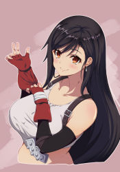Rule 34 | 1girl, adjusting clothes, adjusting gloves, black hair, breasts, brown eyes, buckle, collarbone, commentary request, crop top, detached sleeves, elbow gloves, elbow pads, final fantasy, final fantasy vii, fingerless gloves, gloves, highres, large breasts, long hair, looking at viewer, midriff, red gloves, shirt, simple background, smile, solo, super nekopunch, swept bangs, tank top, tifa lockhart, upper body, white shirt, white tank top