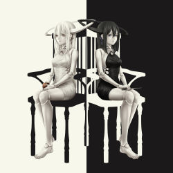 Rule 34 | 1girl, 2girls, absurdres, albino, apple, armchair, bad id, bad pixiv id, bare shoulders, barefoot, belt, black dress, black hair, black ribbon, blue eyes, blue ribbon, bouno satoshi, breasts, chair, closed mouth, commentary request, contrast, cross-laced clothes, doll joints, dress, eyelashes, food, fruit, full body, hair between eyes, hair ornament, hair ribbon, halo, halterneck, hands on thighs, highres, holding, holding food, holding fruit, holding knife, horns, jewelry, joints, knife, light frown, long hair, looking at viewer, looking away, looking to the side, monochrome, multiple girls, necklace, on chair, original, pale skin, red eyes, ribbon, short dress, sideboob, simple background, single horn, sitting, sleeveless, sleeveless dress, spot color, symmetry, white dress, white hair