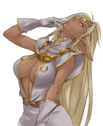 Rule 34 | 1girl, bad id, bad pixiv id, breasts, center opening, cleavage, dark skin, dark-skinned female, elf, gloves, gus (clarkii), large breasts, long hair, pirotess, pointy ears, record of lodoss war, solo