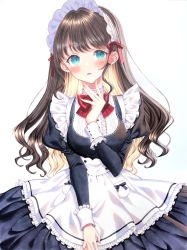 Rule 34 | 1girl, apron, black dress, black hair, blue eyes, blush, commentary request, dress, frilled apron, frills, grey background, hand up, juliet sleeves, long hair, long sleeves, looking at viewer, maid, maid headdress, marker (medium), original, parted lips, puffy sleeves, sakura shiho, solo, traditional media, very long hair, white apron