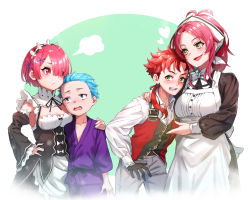 Rule 34 | 2boys, 2girls, absurdres, aisha greyrat, ars greyrat, aunt and nephew, black gloves, blue hair, breasts, cleavage, collarbone, commission, crossover, detached sleeves, gloves, green eyes, hair over one eye, highres, long hair, long sleeves, looking at another, m.tokotsu, maid, maid headdress, medium breasts, multiple boys, multiple girls, mushoku tensei, natsuki rigel (re:zero), open mouth, pink hair, pixiv commission, ram (re:zero), re:zero kara hajimeru isekai seikatsu, red hair, short hair, smile, teeth, wide sleeves