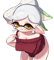 Rule 34 | + +, 1girl, bad id, bad pixiv id, breasts, busujima funya, cleavage, collar tug, cowboy shot, earrings, gradient hair, green eyes, grin, hanging breasts, highres, inkling, jewelry, leaning forward, long sleeves, looking at viewer, marie (splatoon), mask, mole, mole under eye, multicolored hair, nintendo, no pants, off-shoulder sweater, off shoulder, pointy ears, red sweater, short hair, silver hair, simple background, smile, solo, standing, sweater, swept bangs, tentacle hair, twitter username, white background