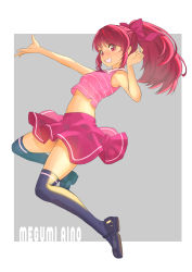 Rule 34 | 1girl, aino megumi, bare arms, black footwear, blush, bow, character name, crop top, floating hair, full body, grey background, grey thighhighs, grin, hair bow, happinesscharge precure!, high ponytail, highres, jj (ssspulse), jumping, long hair, midriff, miniskirt, navel, pink shirt, pleated skirt, precure, red bow, red eyes, red hair, red skirt, shirt, skirt, sleeveless, sleeveless shirt, smile, solo, stomach, striped clothes, striped shirt, thighhighs, zettai ryouiki