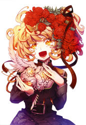 Rule 34 | 1girl, :d, absurdres, black jacket, blonde hair, buckle, floating hair, flower, hair flower, hair ornament, hair ribbon, head tilt, head wreath, highres, holding, jacket, long hair, long sleeves, looking at viewer, open mouth, red flower, red ribbon, ribbon, simple background, smile, solo, tanya degurechaff, white background, yellow eyes, youjo senki