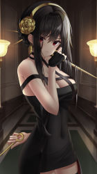 Rule 34 | 1girl, absurdres, arm behind back, black dress, black gloves, black hair, breasts, cleavage, cowboy shot, dress, dual wielding, earrings, fingerless gloves, flower, gloves, hair between eyes, hair flower, hair ornament, hairband, highres, holding, holding weapon, hsxxx, indoors, jewelry, large breasts, long hair, looking at viewer, red eyes, short dress, sleeveless, sleeveless dress, solo, spy x family, standing, waist cape, weapon, yellow flower, yellow hairband, yor briar