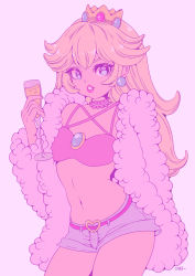 Rule 34 | 1girl, artist name, belt, black legwear, blonde hair, blue eyes, blue shorts, brooch, buckle, champagne flute, choco-des-seins, choker, coat, contrapposto, crop top, crown, cup, drinking glass, earrings, eyelashes, flat chest, fur coat, glint, hand up, heart, heart-shaped buckle, highres, holding, holding cup, jewelry, lips, long hair, long sleeves, looking at viewer, mario (series), midriff, navel, nintendo, off shoulder, parted lips, pink background, pink belt, pink choker, pink lips, princess peach, short shorts, shorts, simple background, smile, solo, sparkle, stomach, super mario bros. 1, white coat
