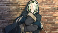 Rule 34 | 1boy, atelier-moo, blue eyes, blue hood, brick wall, cloak, closed mouth, crossed arms, curtained hair, green eyes, green hair, hand on own chin, highres, hood, hood up, hooded jacket, jacket, long sleeves, merak yildis, one eye closed, solo, standing, thinking, wizards symphony