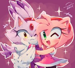 Rule 34 | 2girls, amy rose, animal ears, bad deviantart id, bad id, blaze the cat, cat ears, cat girl, cat tail, forehead jewel, fur-trimmed gloves, fur trim, gloves, green eyes, hairband, highres, hug, looking at viewer, mario &amp; sonic at the olympic games, mario (series), multiple girls, nintendo, one eye closed, pink fur, purple fur, red hairband, smile, sonic (series), sonicaimblu19, tail, white gloves, yellow eyes