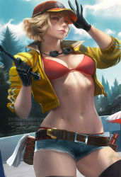 Rule 34 | 10s, 1girl, anaglyph, artist name, bare shoulders, baseball cap, belly, belt, belt pouch, bikini, bikini top only, black gloves, blonde hair, breasts, cidney aurum, cleavage, cropped jacket, curly hair, denim, denim shorts, dirty, dirty face, female focus, final fantasy, final fantasy xv, gloves, goggles, goggles around neck, green eyes, hat, hip focus, jacket, large breasts, legs, light smile, lips, lipstick, looking at viewer, makeup, navel, pouch, realistic, red bikini, sakimichan, short hair, short shorts, shorts, signature, simple background, smile, solo, sweat, sweatdrop, swimsuit, thighhighs, thighs, toned, trucker hat, utility belt, whale tail (clothing), wrench, yellow jacket