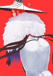 Rule 34 | 1girl, absurdres, ass, back, blush, claws, dress, earrings, fate/grand order, fate (series), feather boa, hat, highres, jewelry, long hair, long sleeves, looking at viewer, looking back, miss crane (fate), pantylines, puffy sleeves, purple eyes, puzenketsu, red background, red hair, see-through, solo, white dress, white hat, witch hat
