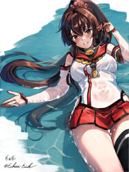 Rule 34 | 1girl, black thighhighs, breasts, brown eyes, brown hair, cherry blossoms, commentary request, detached sleeves, eckert&amp;eich, feet out of frame, flower, hair flower, hair ornament, highres, kantai collection, large breasts, long hair, lying, one-hour drawing challenge, partially submerged, pleated skirt, red sailor collar, red skirt, sailor collar, single thighhigh, skirt, solo, thighhighs, water, wet, wet clothes, yamato (kancolle)